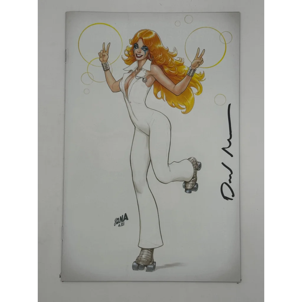 Hand-drawn illustration of a woman in white jumpsuit and roller skates by David Nakayama