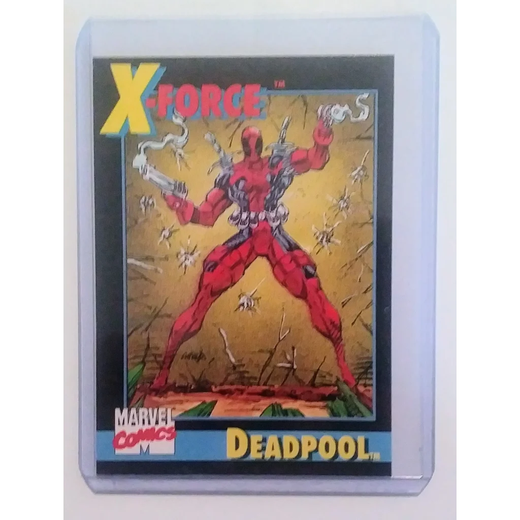 Red Deadpool action figure in clear case with gold accents from Epic 1991 X-Force card