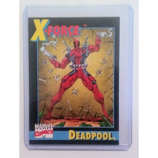 Red Deadpool action figure in clear case with gold accents from Epic 1991 X-Force card