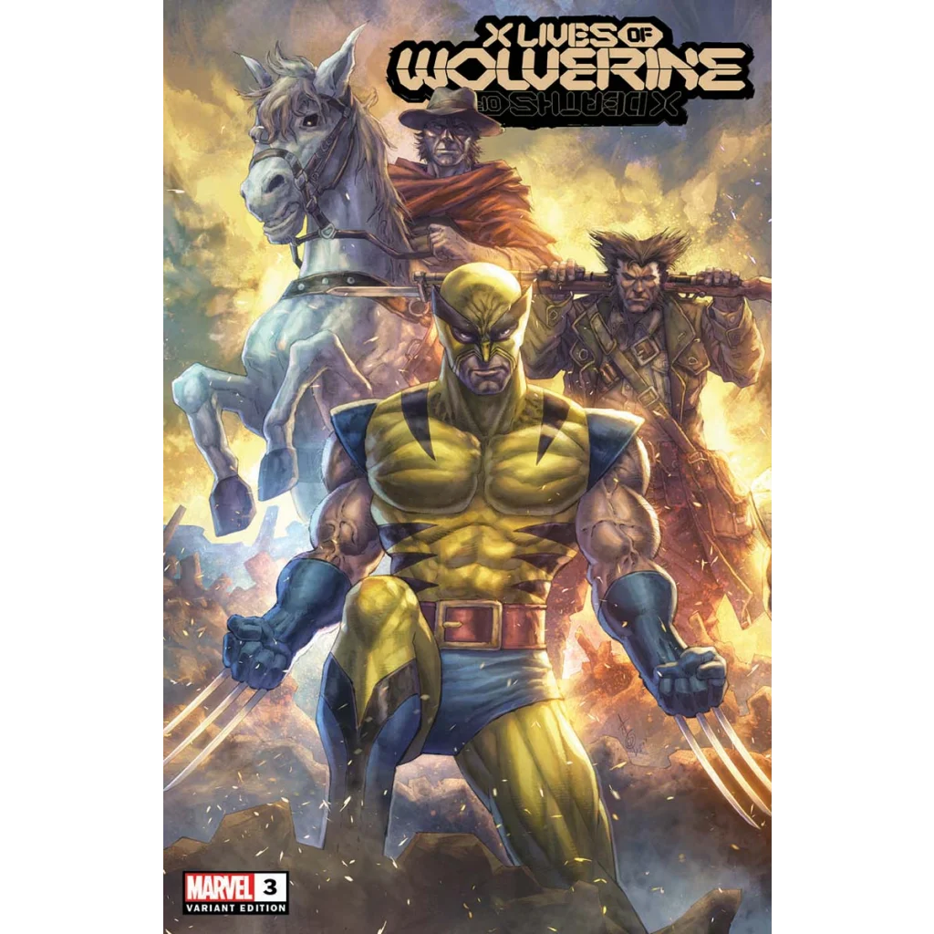 Comic book cover of Wolverine in different forms from X Lives of Wolverine Issue 3