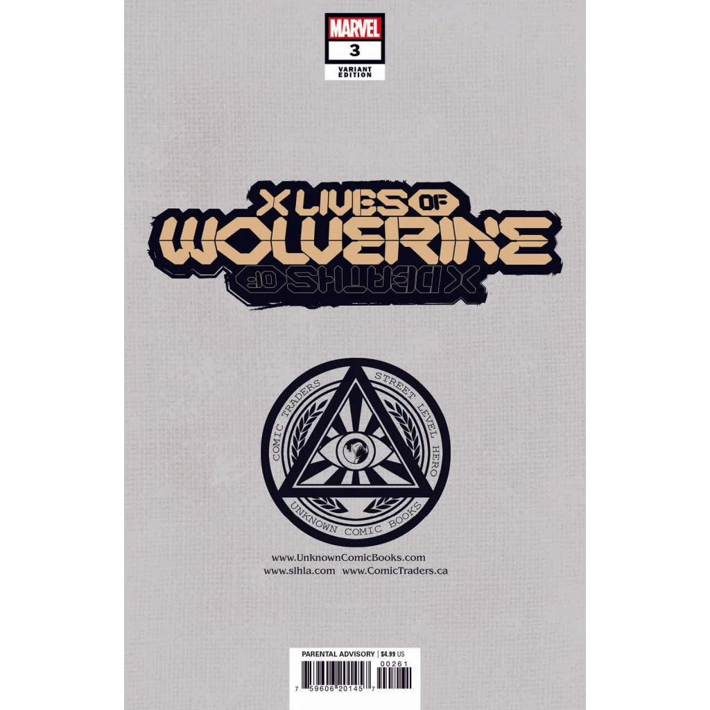 Comic book with beige cover and black gold title from X Lives of Wolverine Issue 3