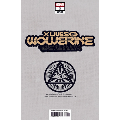 Comic book with beige cover and black gold title from X Lives of Wolverine Issue 3