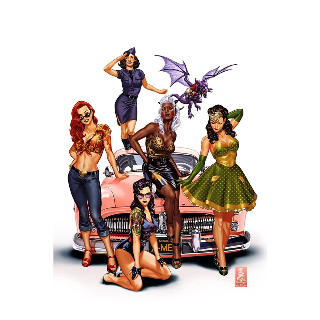 Mark Brooks exclusive virgin art with six women, a dragon, and a pink classic car