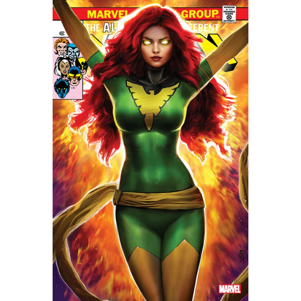 Comic book cover of Jean Grey as Phoenix in green costume from X-Men 101 Facsimile Edition by Nathan Szerdy