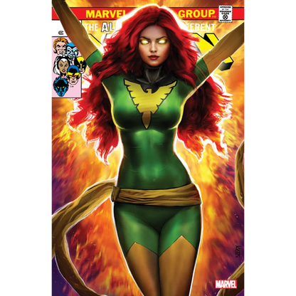 Comic book cover of Jean Grey as Phoenix in green costume from X-Men 101 Facsimile Edition by Nathan Szerdy