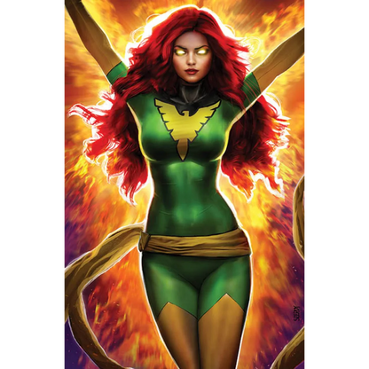 Vibrant comic book illustration of Jean Grey as Phoenix in her green costume facsimile edition