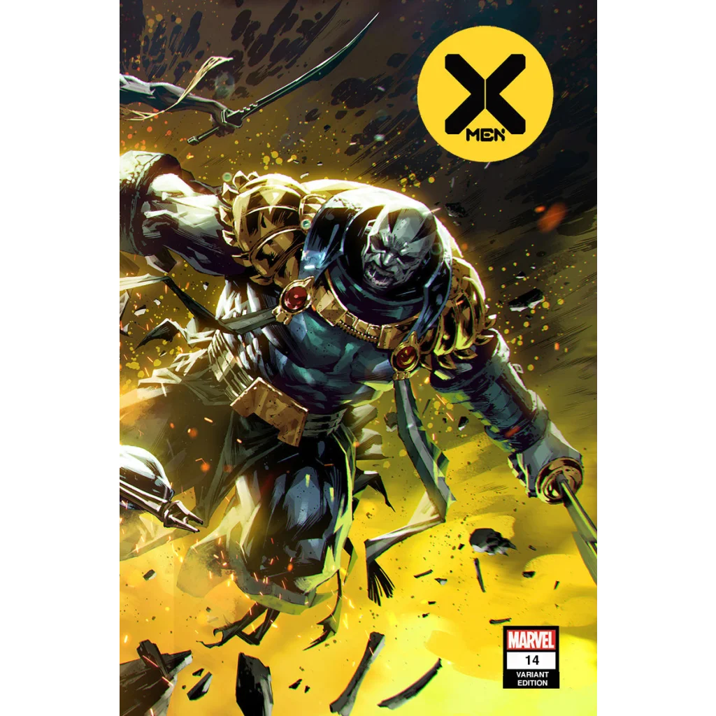 X-Men #14 comic cover with a powerful armored hero in a yellow explosion scene