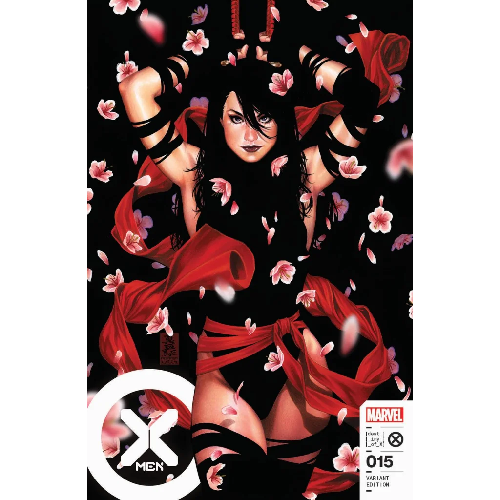 Comic book cover Marvel PRH featuring woman in black and red with cherry blossoms by Gerry Duggan Joshua Cassara