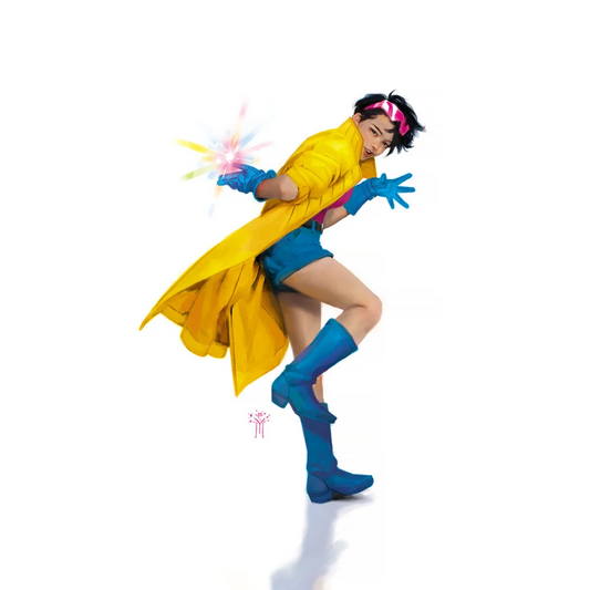 Young woman in yellow trench coat blue shorts and gloves with explosive energy in Marvel comic book