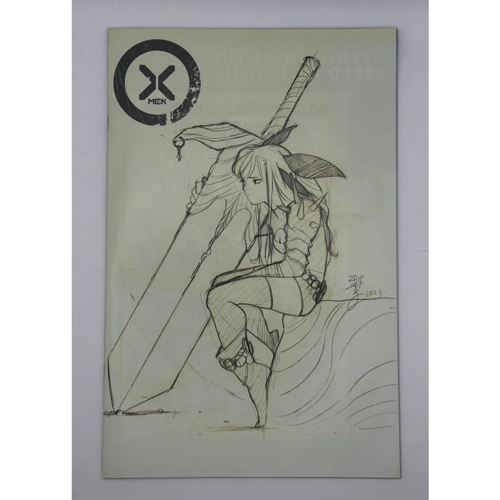 Pencil sketch of anime-style female warrior by Peach Momoko Exclusive X-Men 27 NYCC