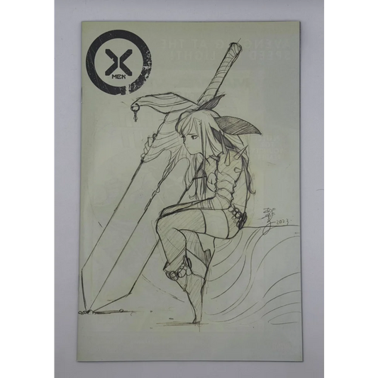 Pencil sketch of anime-style female warrior by Peach Momoko Exclusive X-Men 27 NYCC