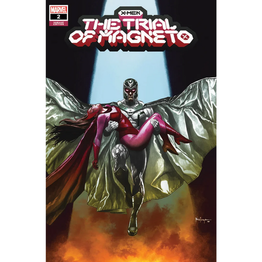 Comic book cover with Magneto carrying Scarlet Witch from X-Men Trial of Magneto Issue 2