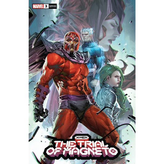 Comic book cover for The Trial of Magneto featuring Magneto Quicksilver and Scarlet Witch