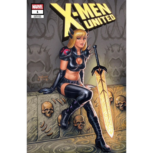 Black armored superheroine with blonde hair horns by Joseph Michael Lisner holding golden sword X-Men United 1 exclusive var