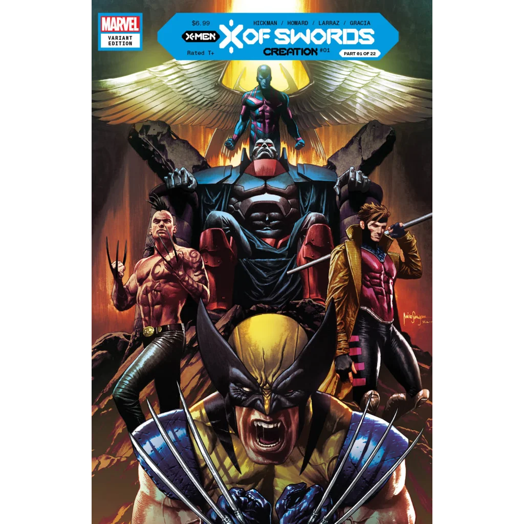 Comic book featuring Wolverine Gambit Apocalypse for X Of Swords Creation Variant