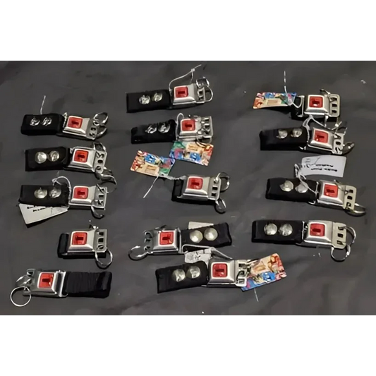 Black fabric X14 Spiderman Buckle Keychains with red button action and silver clasps