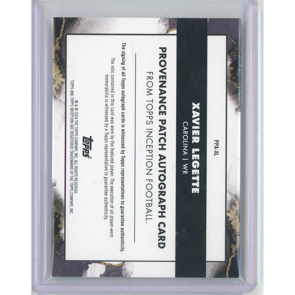 Football trading card of Xavier Legette with autograph and game-worn patch