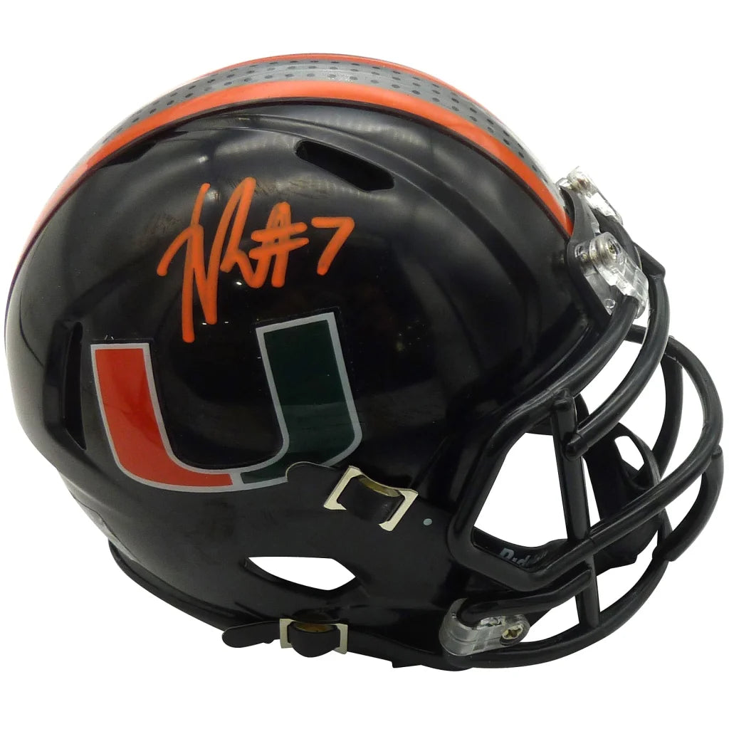 Xavier Restrepo signed Miami Hurricanes mini helmet in black with orange white accents