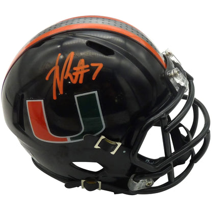 Xavier Restrepo signed Miami Hurricanes mini helmet in black with orange white accents