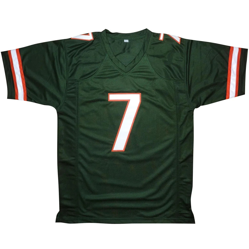 Xavier Restrepo Miami Hurricanes custom jersey, green with white 7 and orange sleeve stripes