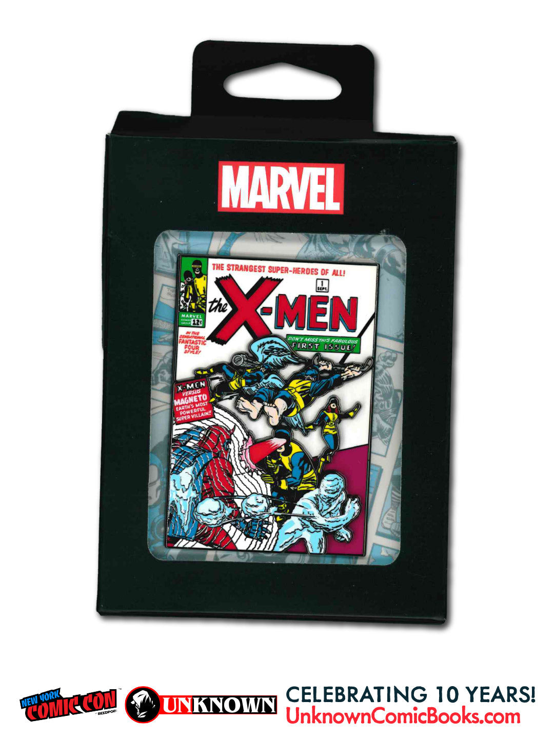 Black product box with red Marvel logo, clear window showing an X-Men #1 comic-cover enamel pin, and convention logos below.
