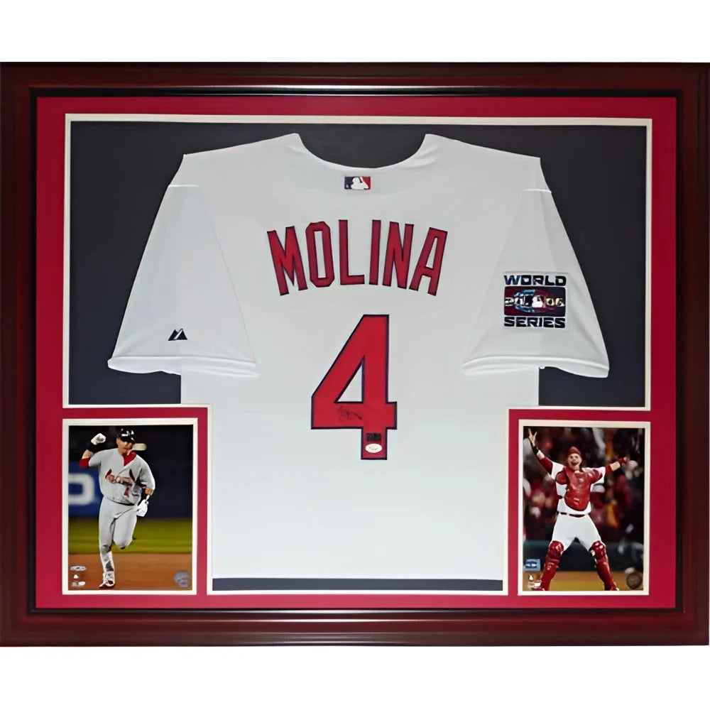 Yadier Molina signed deluxe framed St Louis Cardinals jersey in white with red blue accents