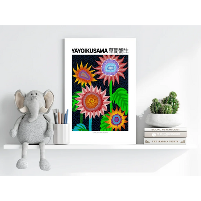 Vibrant Yayoi Kusama sunflower artwork in white frame on Insigne aluminum print