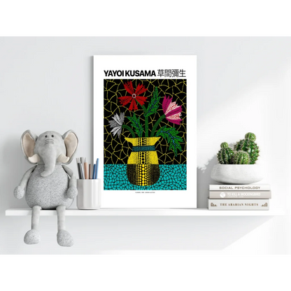 Vibrant Yayoi Kusama insigne aluminum print of dotted vase with colorful flowers