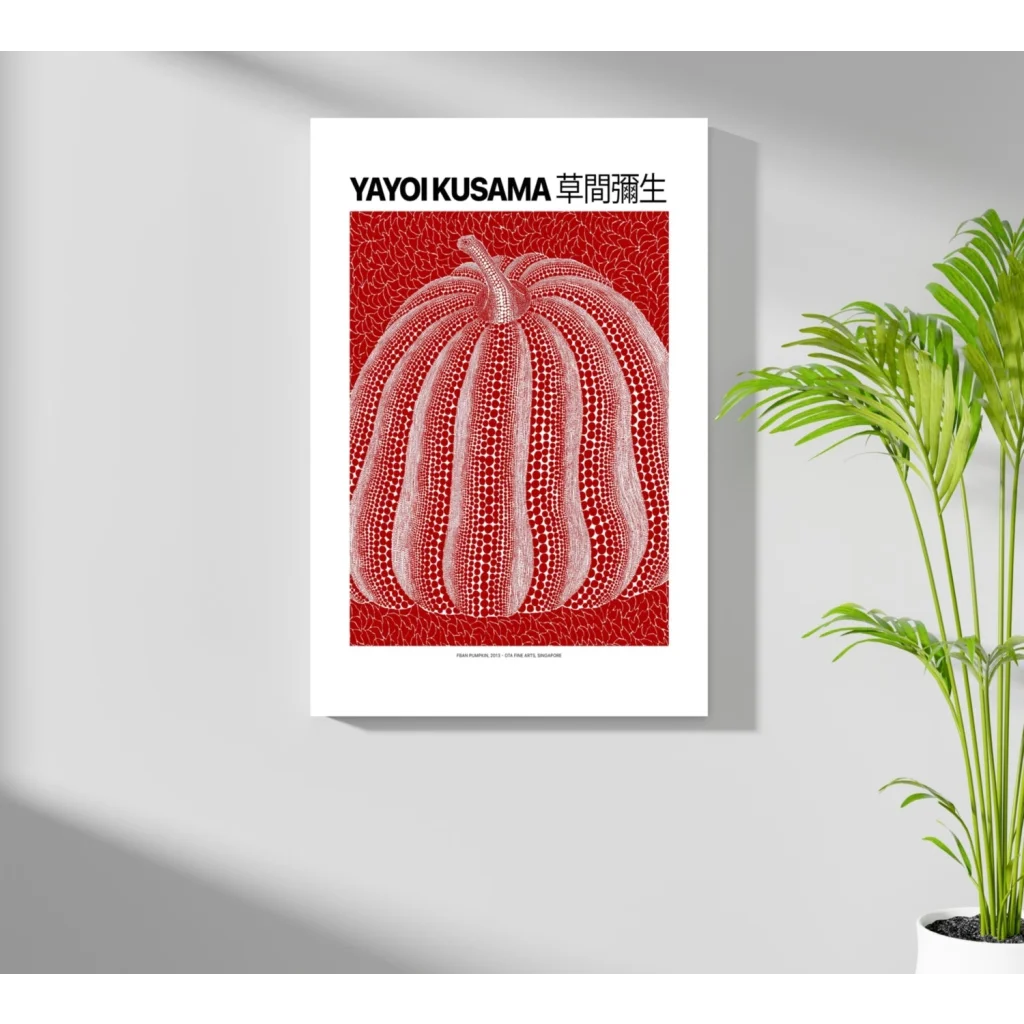 Vibrant Yayoi Kusama red pumpkin with white dots on insigne aluminum prints