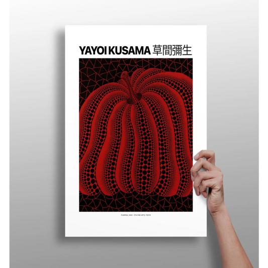 Vibrant red dotted Yayoi Kusama pumpkin on insigne aluminum print
