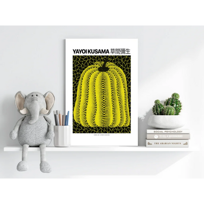Yayoi Kusama yellow pumpkin with bold black dots on insigne aluminum prints