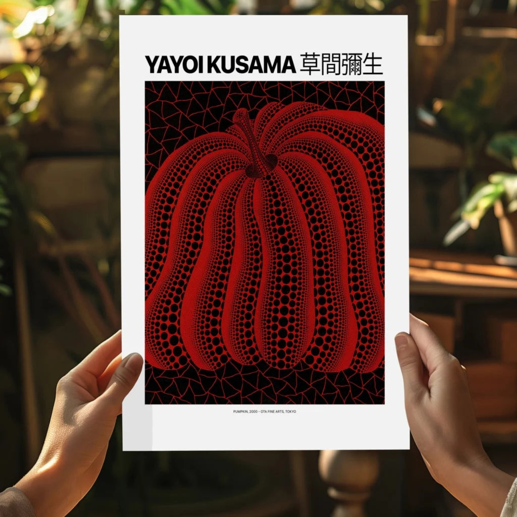 Vibrant Yayoi Kusama red pumpkin on insigne aluminum prints with black dots