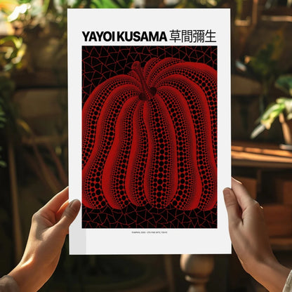 Vibrant Yayoi Kusama red pumpkin on insigne aluminum prints with black dots