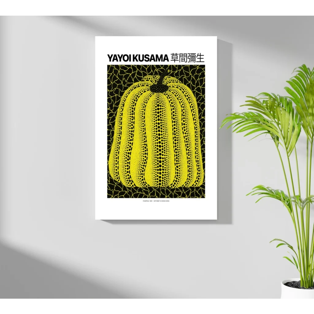 Vibrant Yayoi Kusama yellow pumpkin poster with dots on insigne aluminum prints