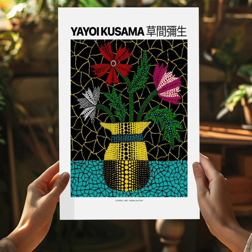 Vibrant Yayoi Kusama flowers insigne aluminum print with dotted vase