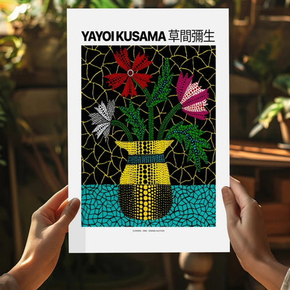 Vibrant Yayoi Kusama flowers insigne aluminum print with dotted vase