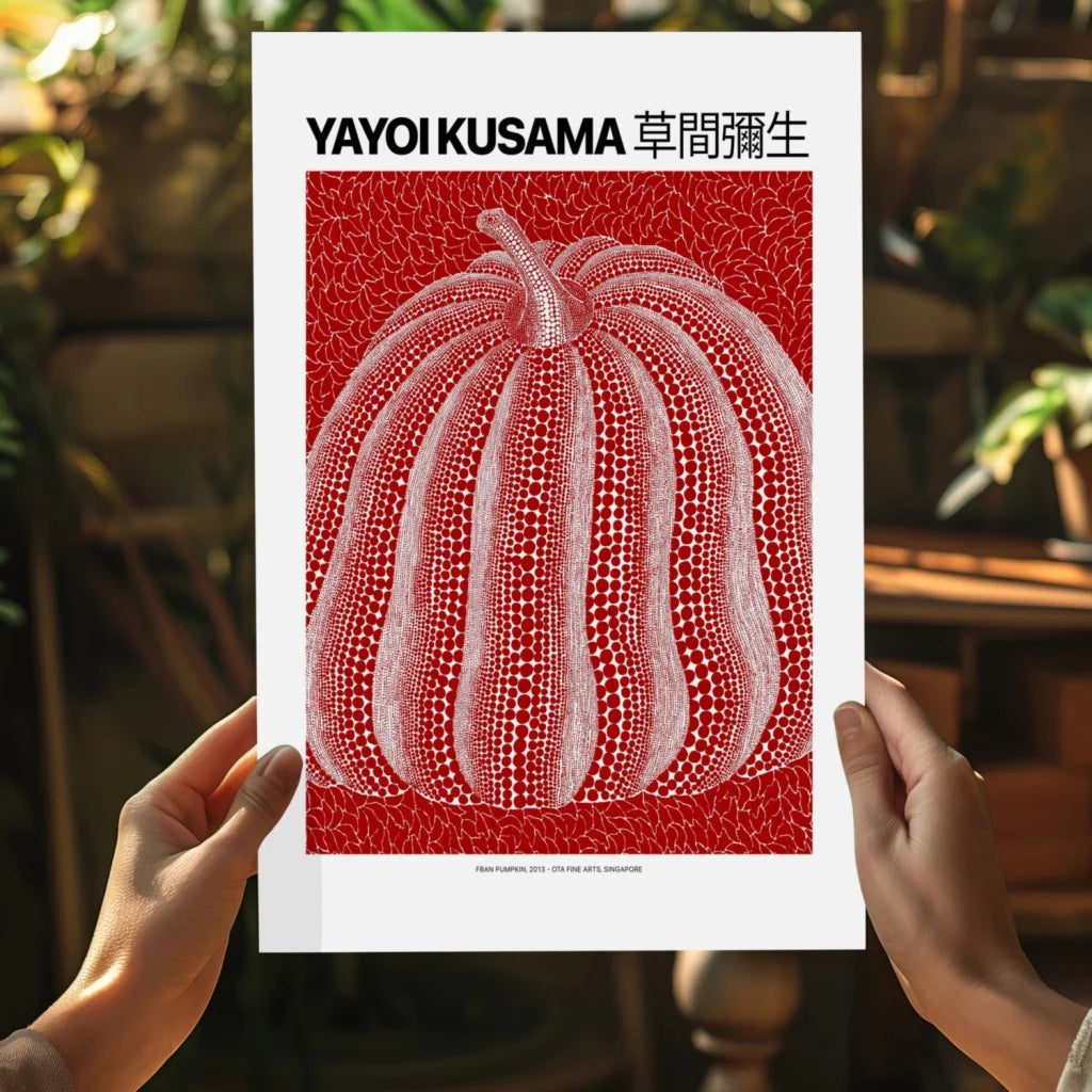 Vibrant Yayoi Kusama red white dot-matrix pumpkin on insigne aluminum print