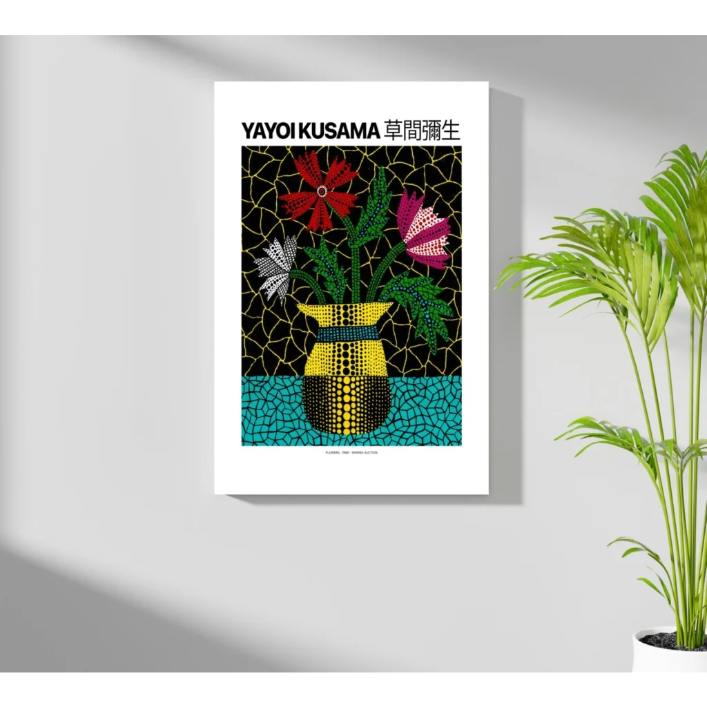 Vibrant Kusama-inspired insigne aluminum print of dotted vase with colorful flowers