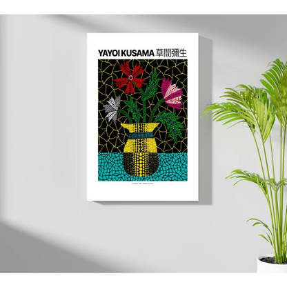 Vibrant Kusama-inspired insigne aluminum print of dotted vase with colorful flowers