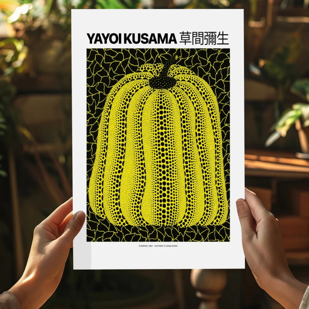 Yayoi Kusama yellow pumpkin with black dots on glowing neon green insigne aluminum print