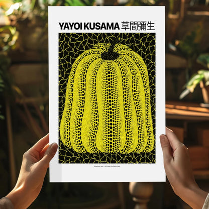 Yayoi Kusama yellow pumpkin with black dots on glowing neon green insigne aluminum print