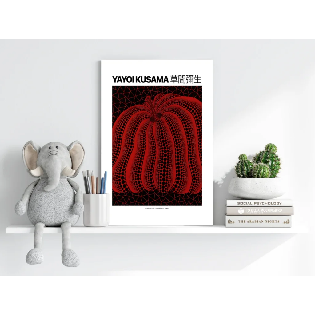 Vibrant Yayoi Kusama red pumpkin artwork on insigne aluminum print