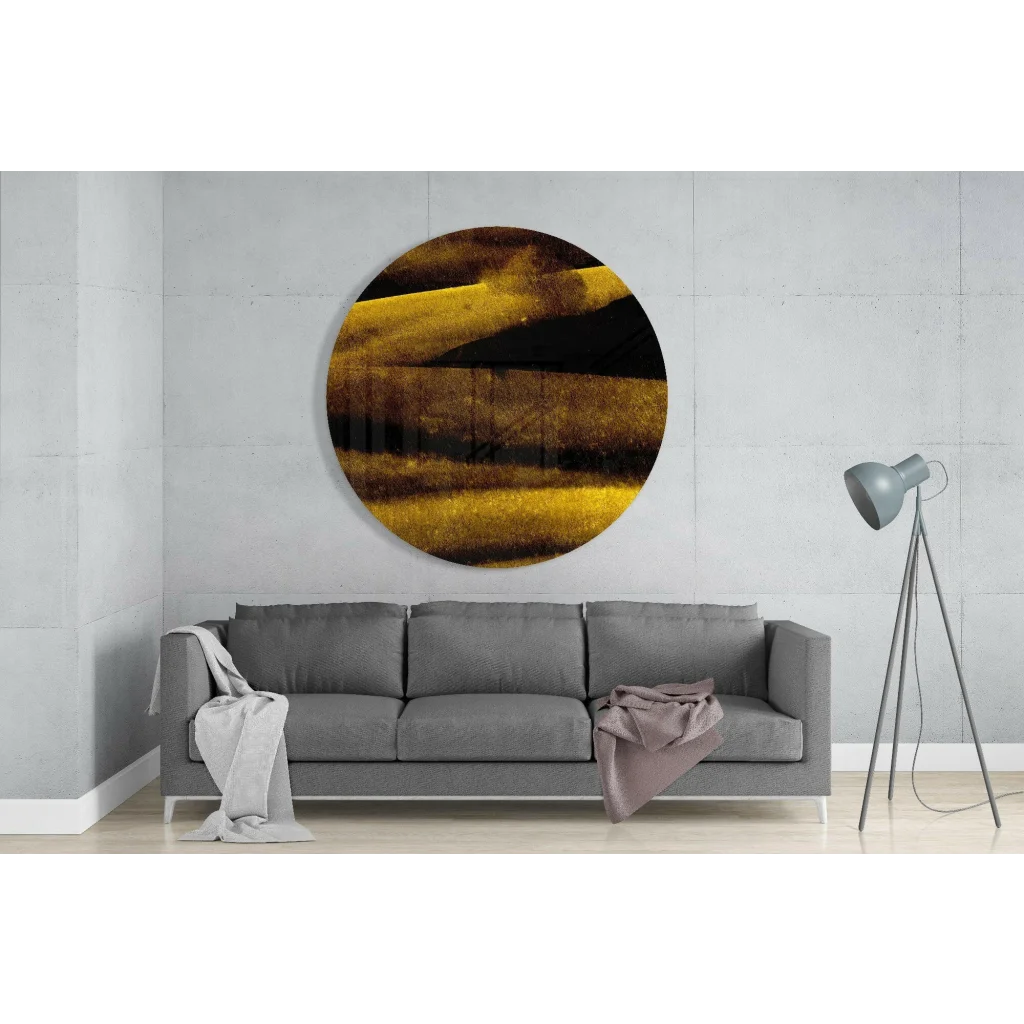 Stunning Gold Abstract Tempered Glass Art Circle | Glass Wall Art Print | vintageantiquesgifts.com