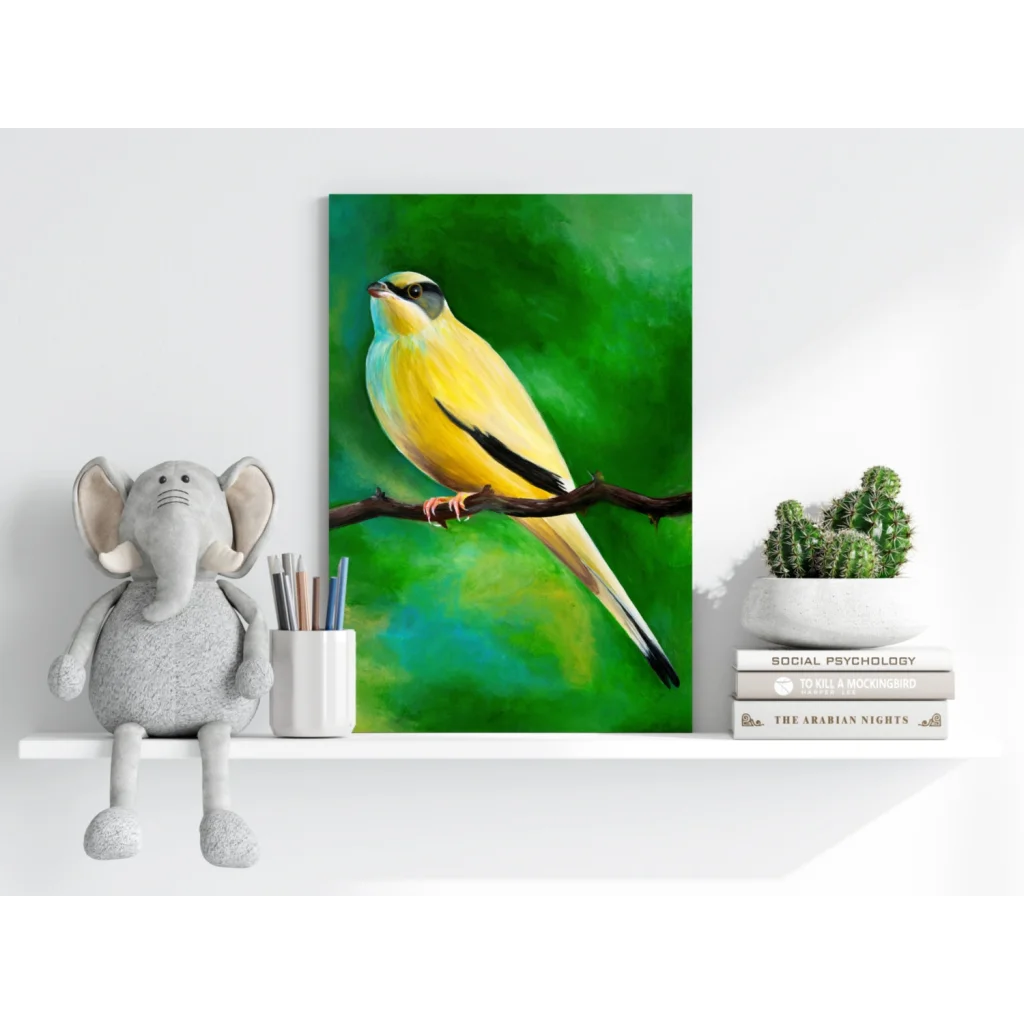 Vibrant yellow bird insigne aluminum print on white shelf
