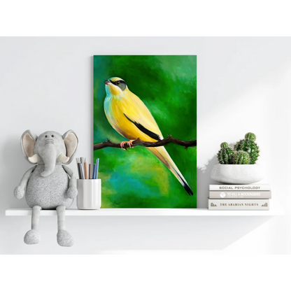 Vibrant yellow bird insigne aluminum print on white shelf
