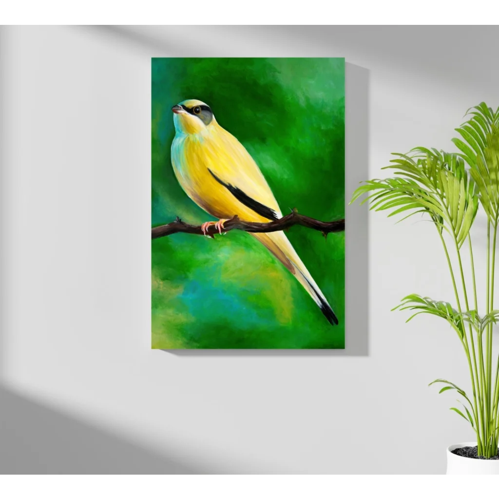 Vibrant yellow bird on Insigne aluminum prints with green background