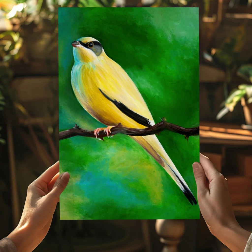 Vibrant yellow bird oil painting on insigne aluminum print