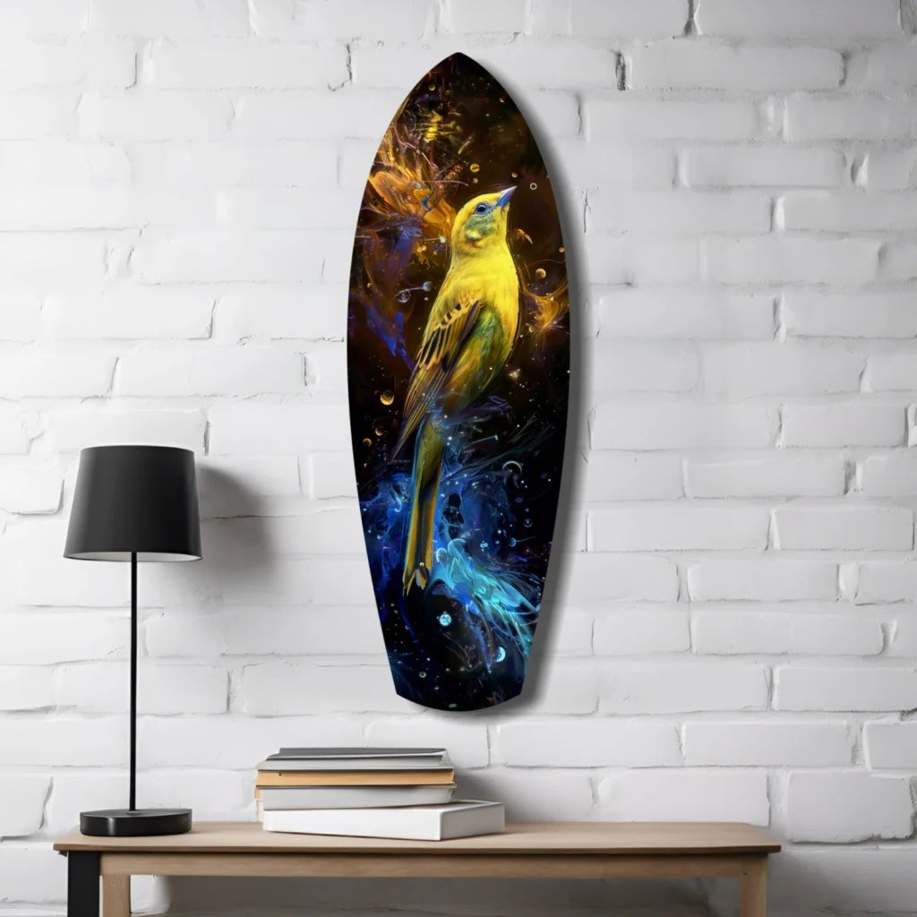 Surfboard Tempered Glass Art with Vibrant Yellow Bird Design | Contemporary Home Wall Art | vintageantiquesgifts.com