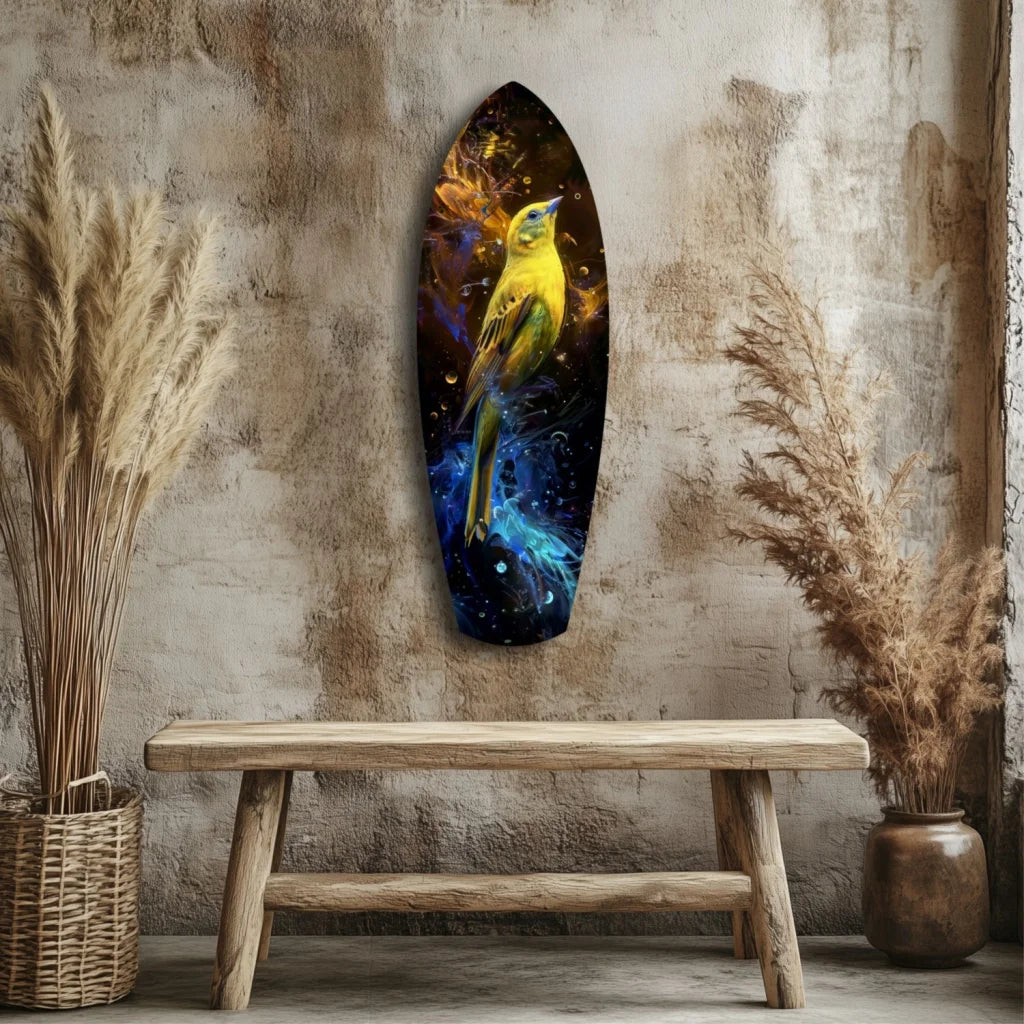 Surfboard Tempered Glass Art with Vibrant Yellow Bird Design | Modern Wall Art Decor | vintageantiquesgifts.com