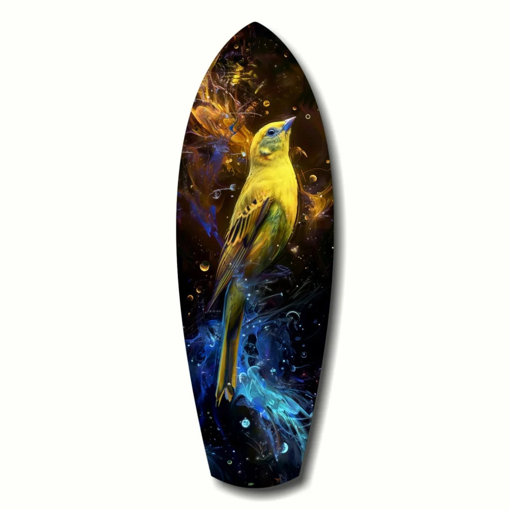 Surfboard Tempered Glass Art with Vibrant Yellow Bird Design | Insigneart USA | vintageantiquesgifts.com